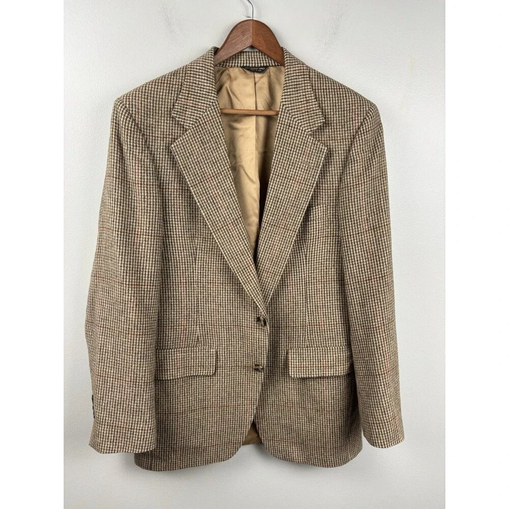 Vintage Orvis 100% Camel Hair Blazer Men's 38R Houndstooth Plaid Sport Coat